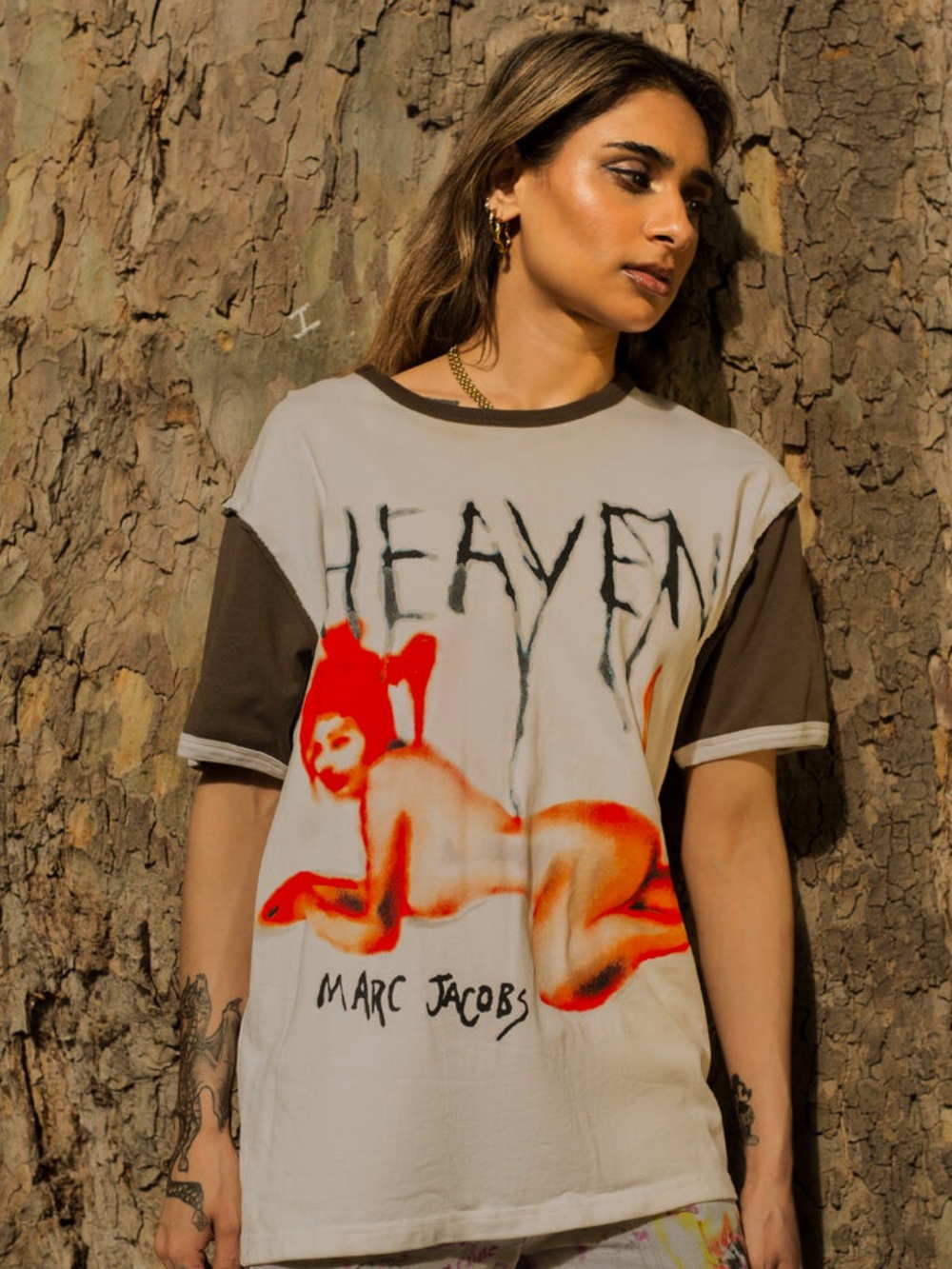Heaven Logo Pin Up Design,Cream with Brown Tee